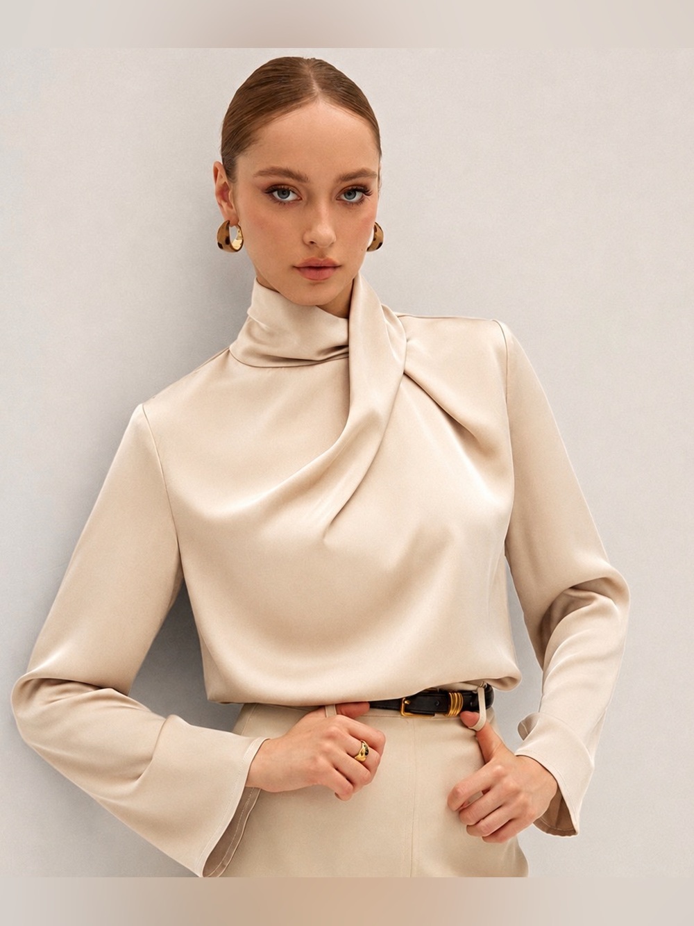 Commense Satin Draped High Neck Blouse